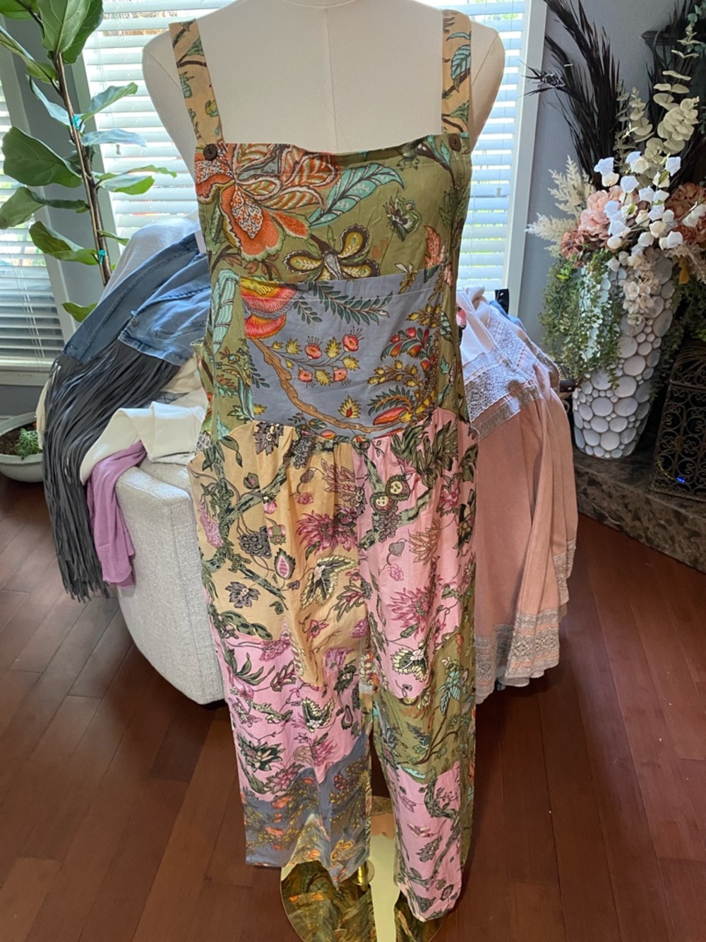 Sacred Threads Patchwork Floral Wide-Leg Jumpsuit - Pink, Green, Gold, Blue